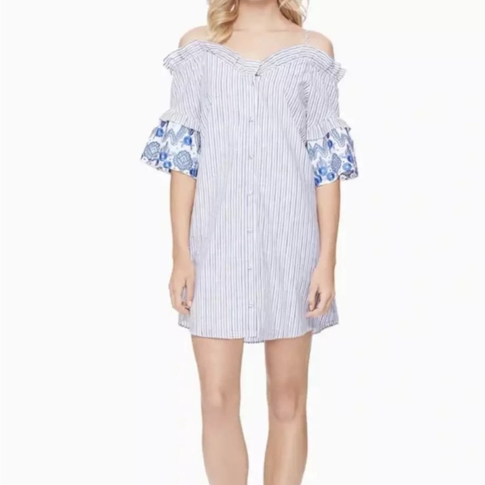 Parker Blue White Multi-Stripe Embroidered Off the Shoulder Dress size XS